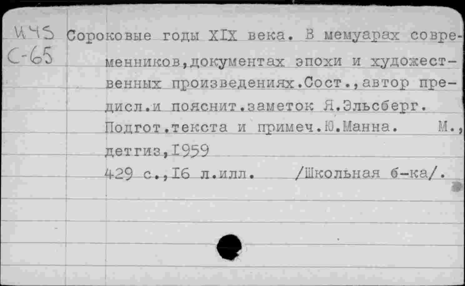 ﻿Сороковые годы XIX века. В мемуарах совре менников,документах эпохи и художественных произведениях.Сост.,автор пре-дисл.и пояснит.заметок Я.Эльсберг. Подгот .текста и примем.13.Манна.
___ д е т г и з, 1959.	 429 с.,16 л.илл.	/Школьная б-ка/.